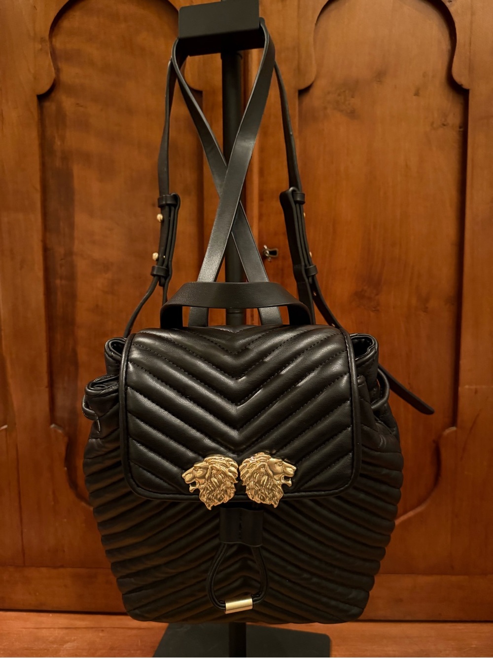 Zara Basic Collection Black Quilted Lion Head Backpack